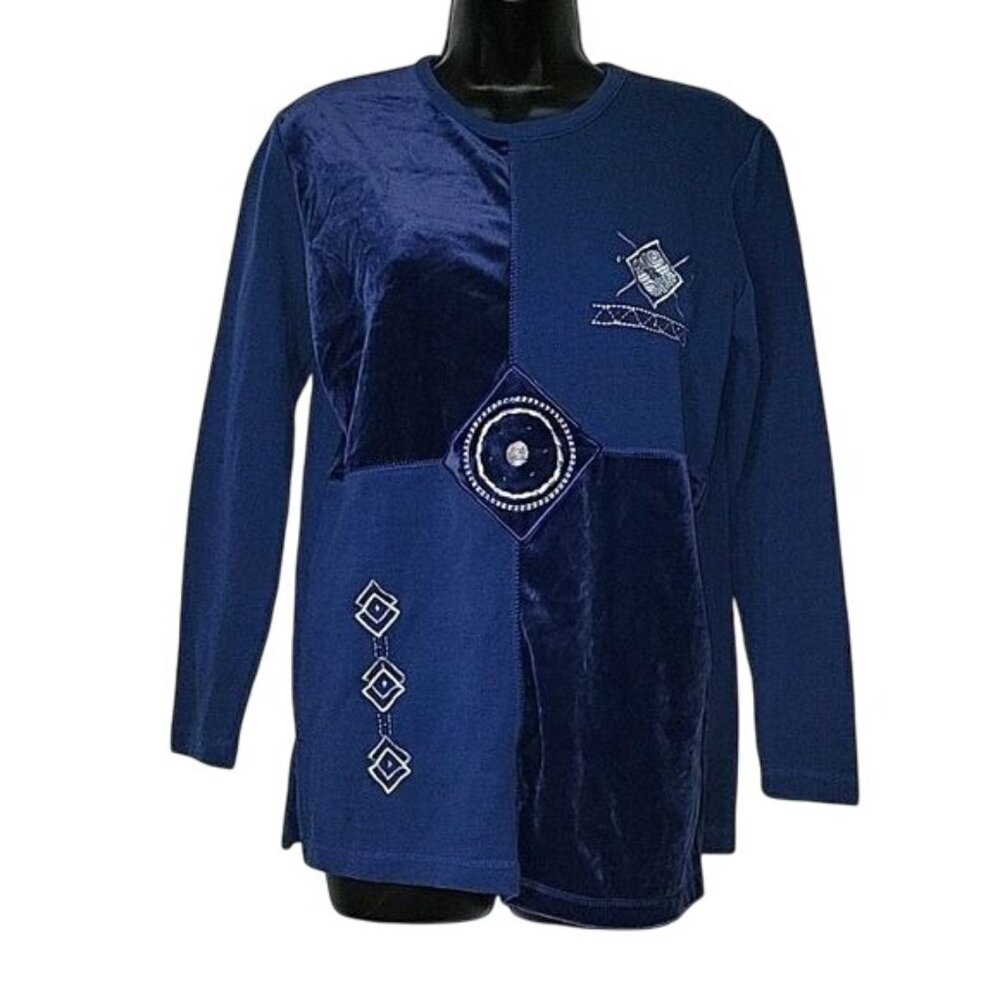 Bobbie Brooks Womens Embellished Patchwork Velvet Long Sleeve Tunic Top Blue CH